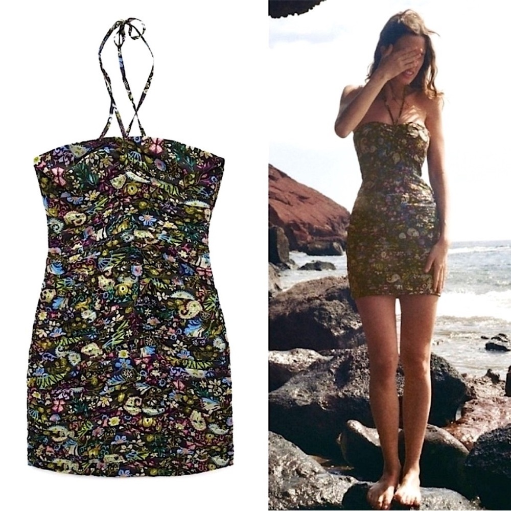 “ZARA” Floral Strapless Halter Ruched Bodycon Dress